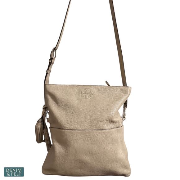Tory Burch Thea Leather Foldover Crossbody Bag  Purse Gray Herron Tassel Neutral - Picture 6 of 16